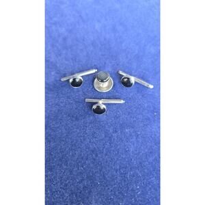 Silver Tone Black Stone Shirt Studs Mens Tuxedo Set Tie Tack Formal Jewelry